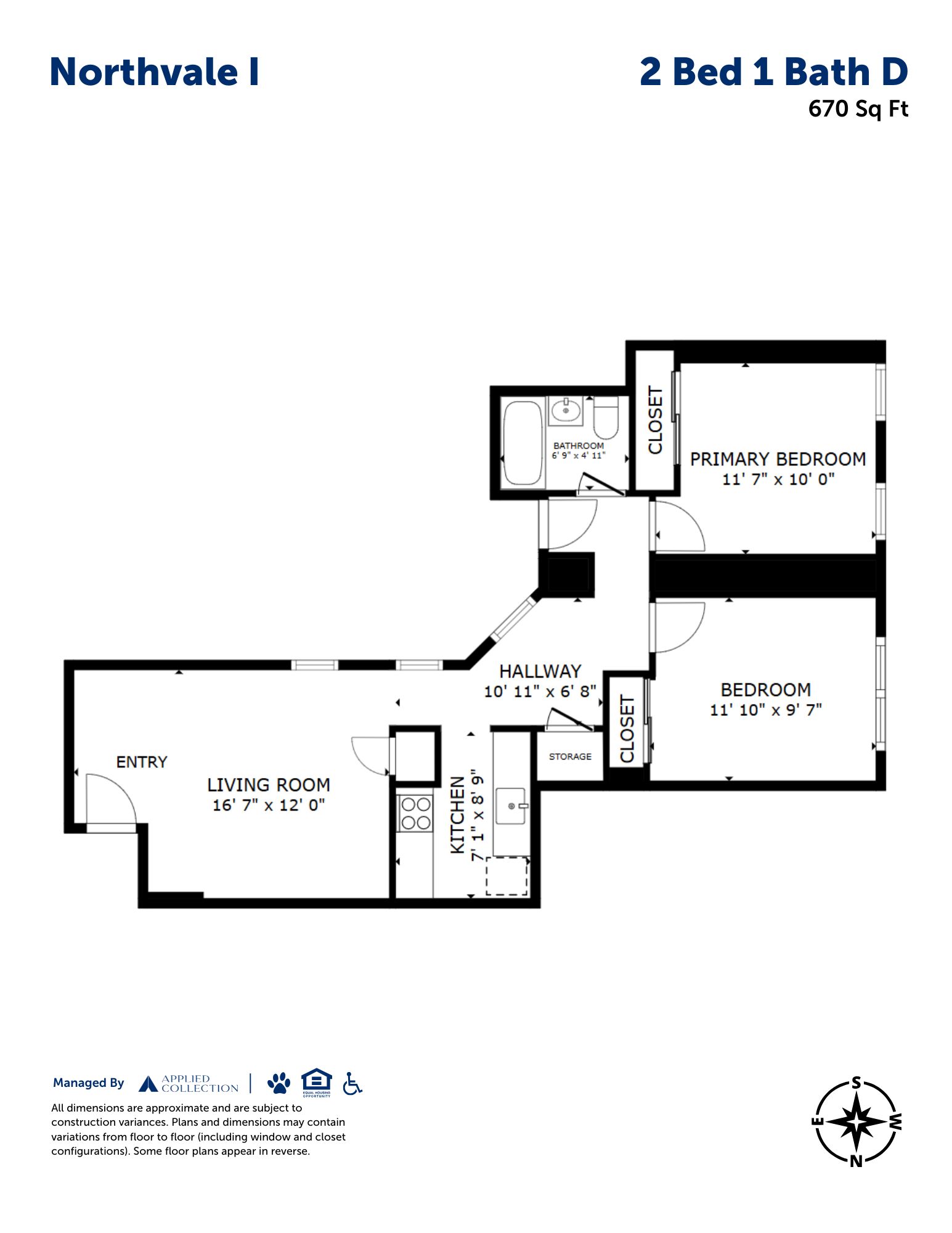 Floor plan for 2 beds, 1 bath, 670 sqft